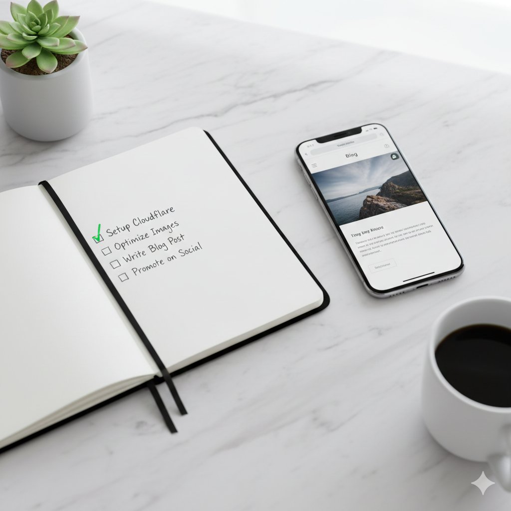 Foto flat-lay produktif: notebook dengan checklist &ldquo;Setup Cloudflare&rdquo; yang sudah dicentang, dan smartphone yang menampilkan blog aman dengan gembok.