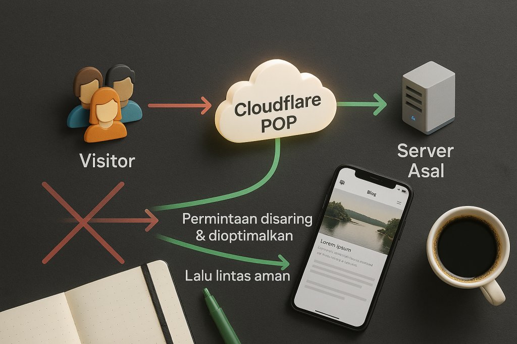 Diagram perbandingan alur data: tanpa Cloudflare (panah merah langsung) vs dengan Cloudflare (panah hijau melalui pusat data Cloudflare).