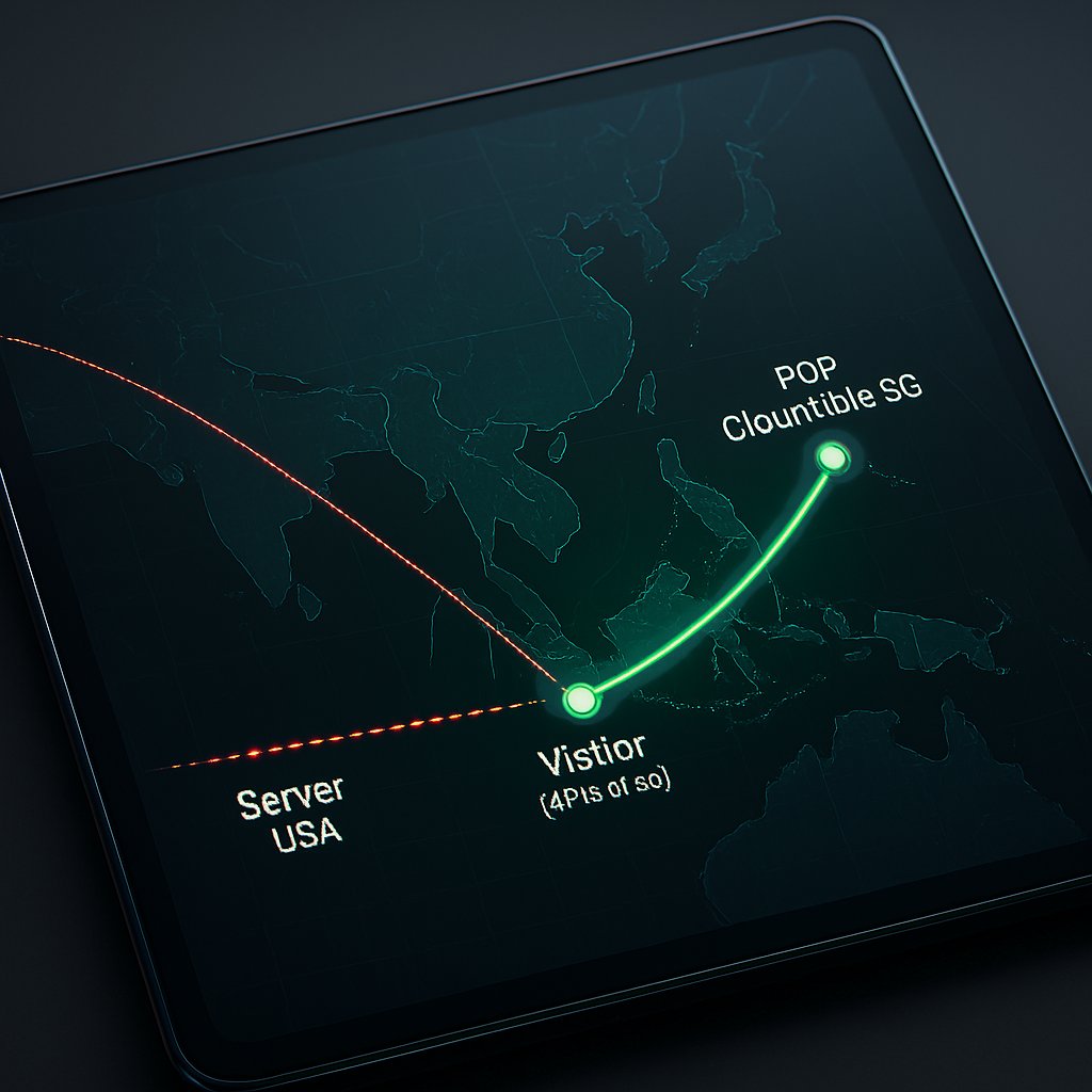 Peta menunjukkan jalur data yang lebih pendek dari Jakarta ke Singapura versus jalur panjang ke Amerika, menjelaskan percepatan Cloudflare.