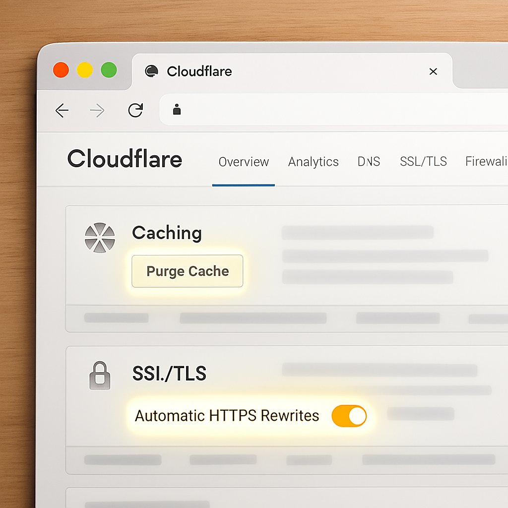 Screenshot dashboard Cloudflare dengan sorotan pada tombol &ldquo;Purge Cache&rdquo; dan toggle &ldquo;Automatic HTTPS Rewrites&rdquo;.